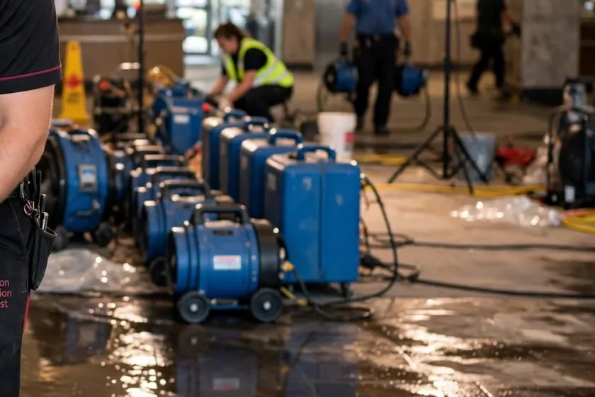Air movers in a commercial lobby Row of blue air movers and drying equipment lined up along a wet commercial lobby floor