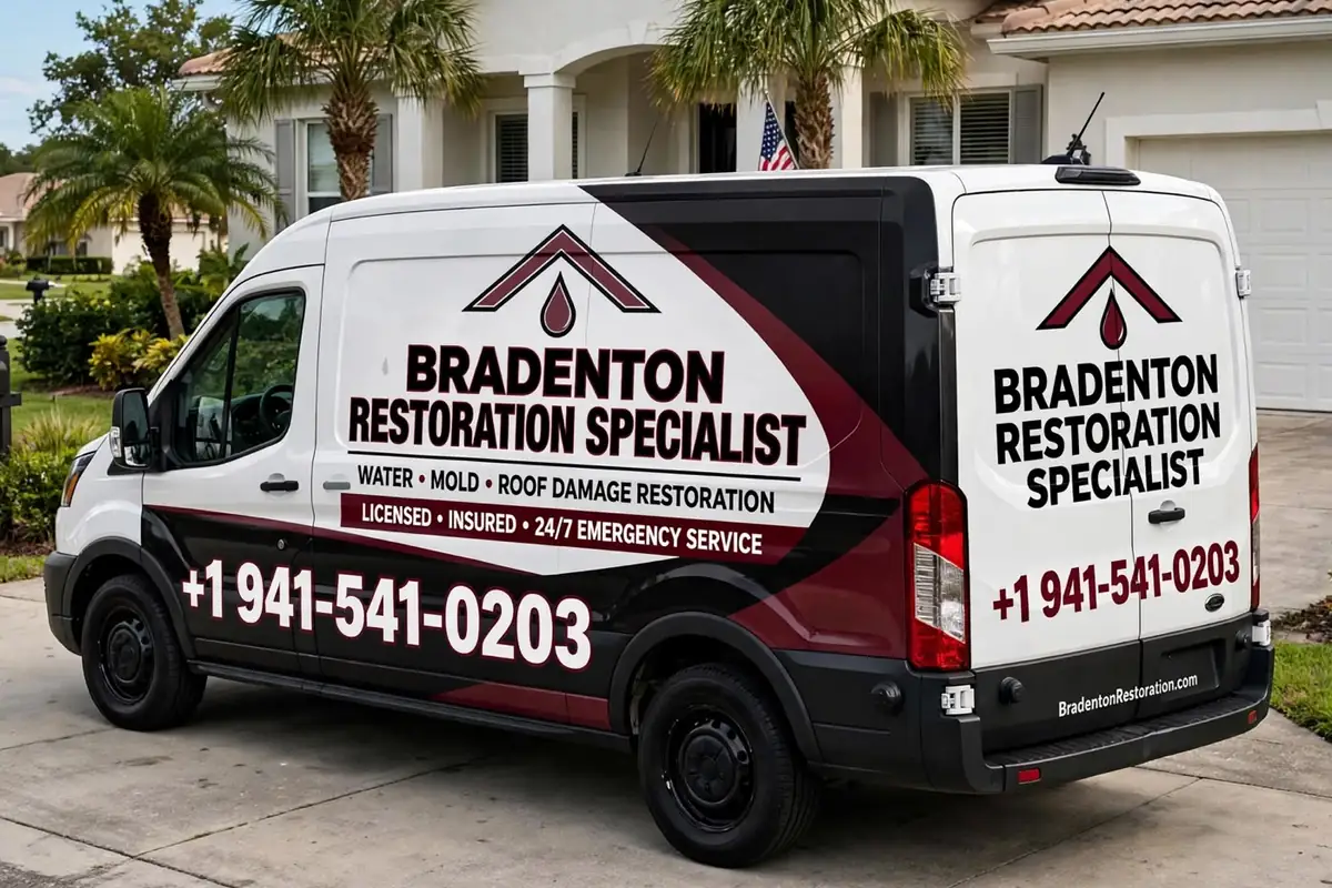 Lettered service van in a home driveway with palm trees, a tile-roof house, and a mailbox