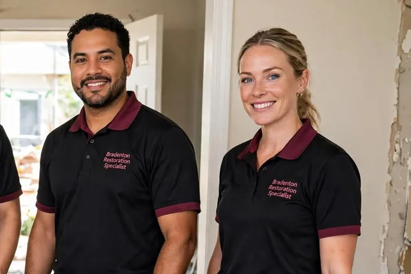 Two people in a water-damaged room Smiling man and woman in black polo shirts with maroon collars standing in a water-damaged room