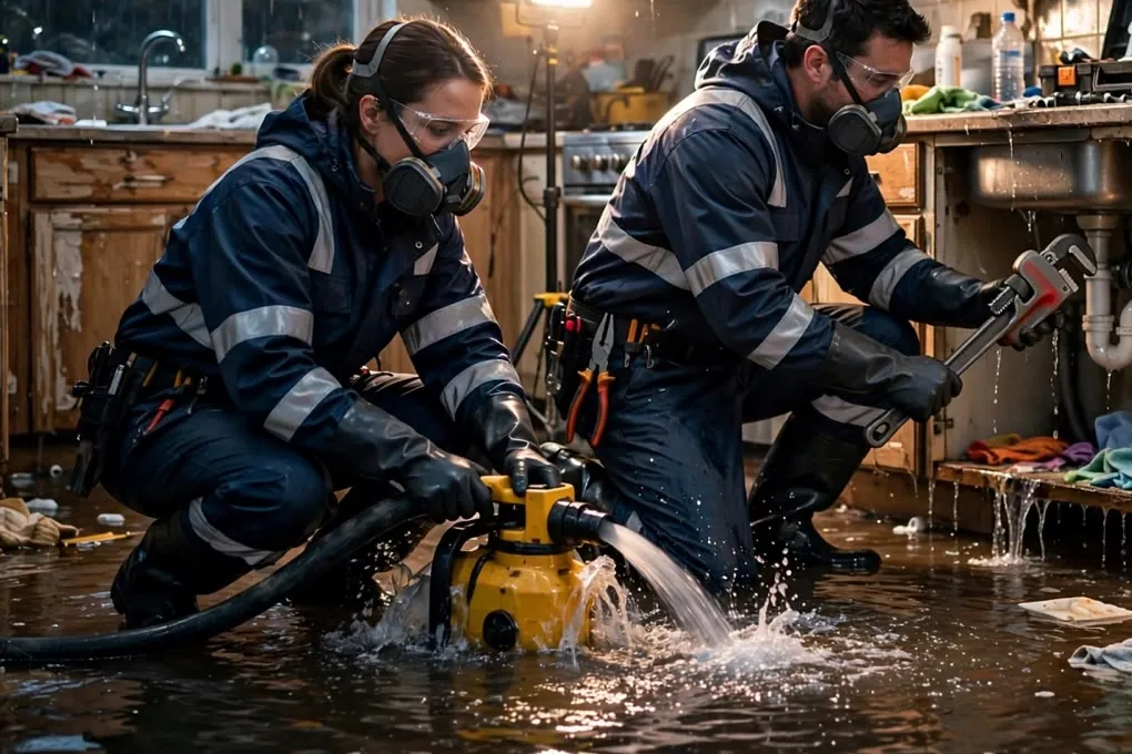 Water pump in a flooded kitchen Worker in a respirator and safety glasses holding a hose from a yellow water pump that is discharging water in a flooded kitchen