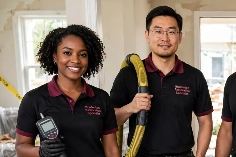 Handheld meter and vacuum hose Smiling woman holding a handheld meter beside a man with a yellow vacuum hose over his shoulder in a water-damaged room