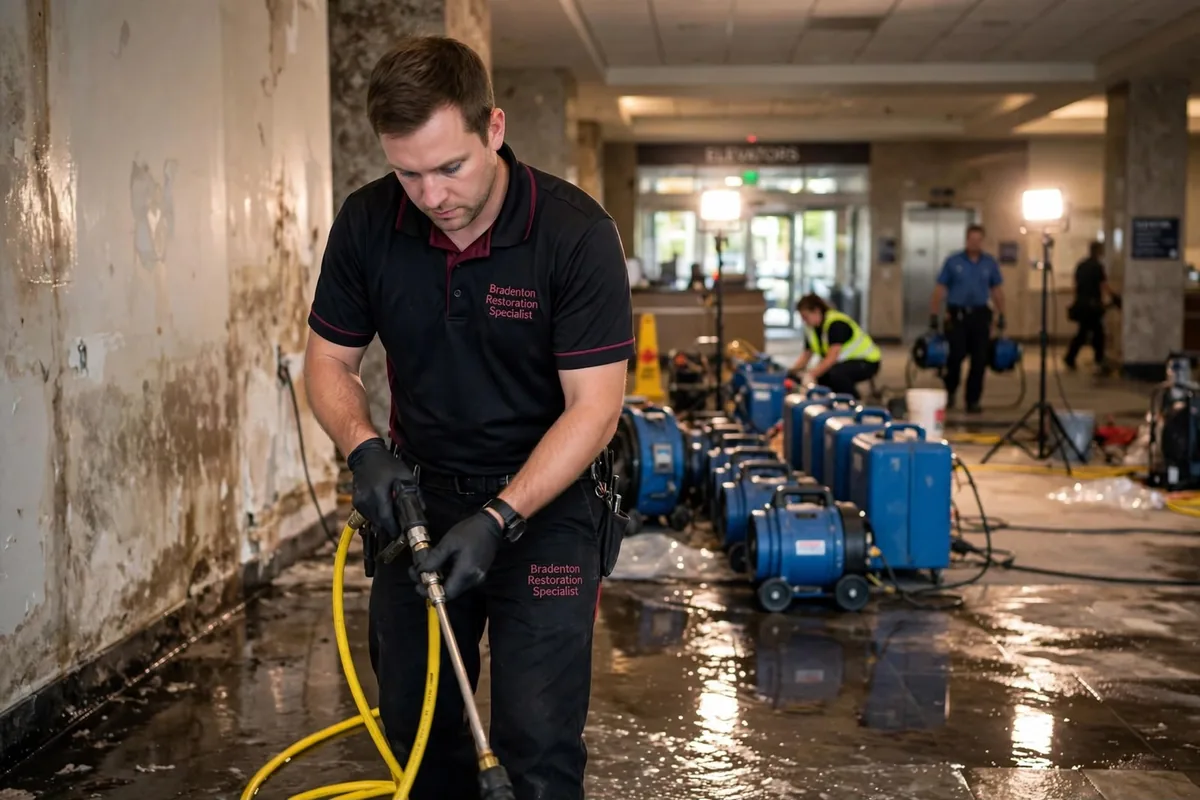 Water-damaged commercial lobby Worker in black gloves holding a yellow hose and spray wand on a wet lobby floor beside a row of blue air movers