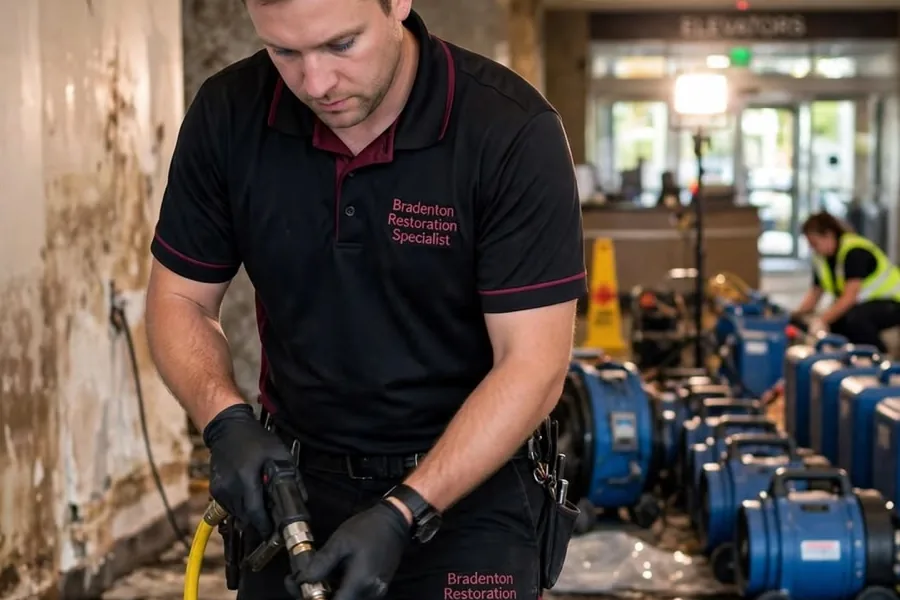 Worker in a black polo shirt and black gloves holding a spray wand attached to a yellow hose in a water-damaged lobby