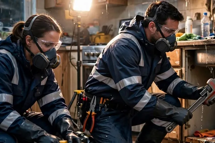 Protective gear in a flooded kitchen Two workers in respirators, safety glasses, and navy hooded jackets working in a flooded, water-damaged kitchen