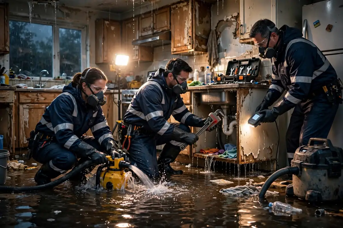 Flooded kitchen cleanup Three workers in navy jackets, respirators, and safety glasses in a flooded kitchen using a yellow water pump, a pipe wrench, and a handheld meter