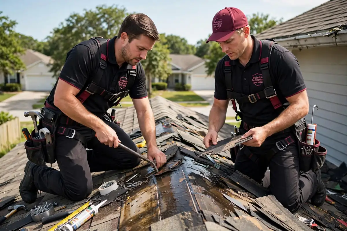Workers removing damaged roof shingles Two workers in black polo shirts and safety harnesses kneeling on a roof ridge and pulling up wet, damaged shingles