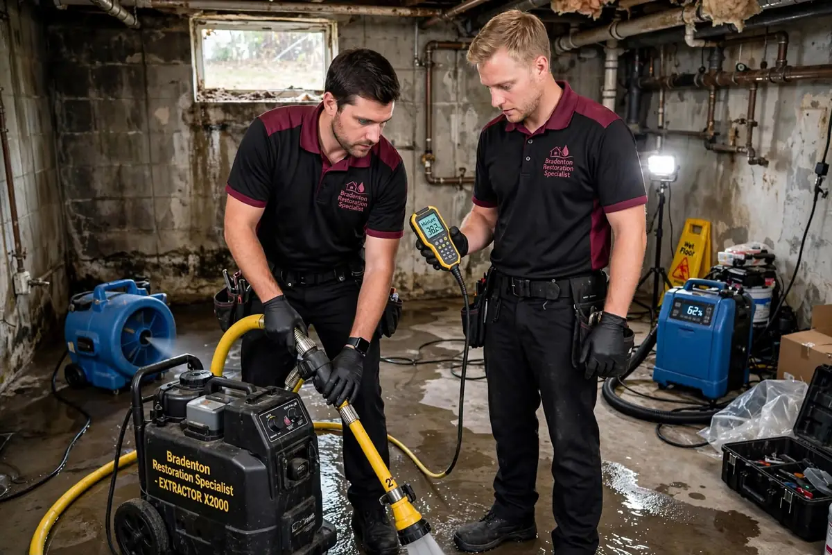 Two workers in black polo shirts using a water extractor with a yellow hose and a handheld moisture meter in a wet basement
